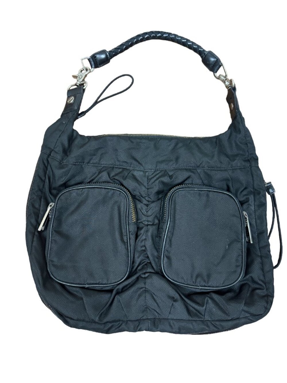 L.A.M.B. Gwen Stefani Y2K Black Nylon Leather Cargo Pocket Hobo Shoulder Bag